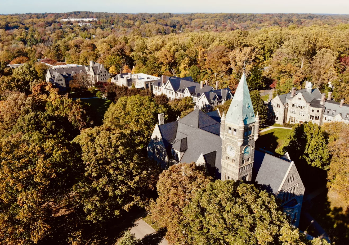 Drone shot of campus in the fall