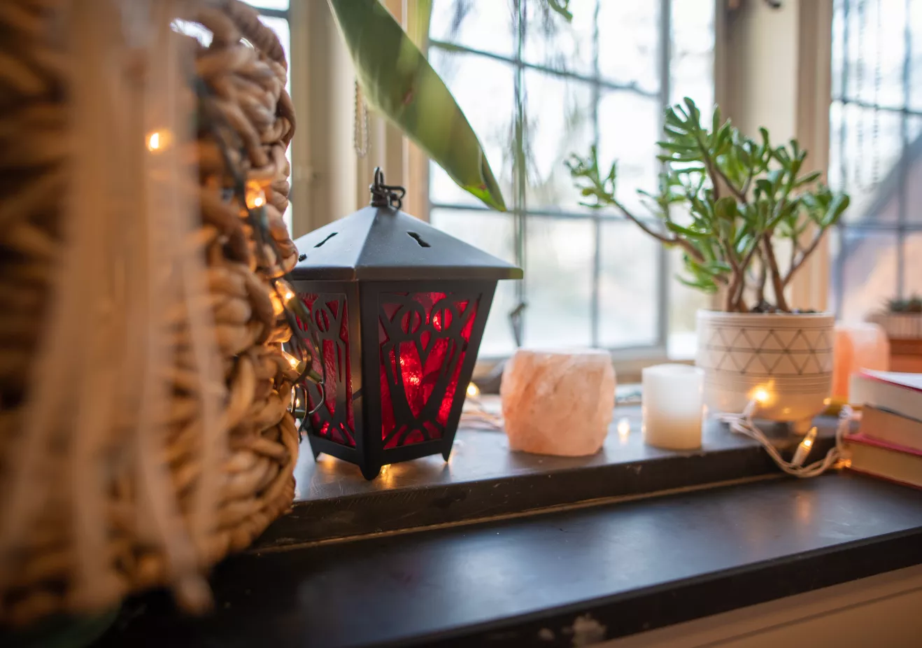 Red lantern and plant on dorm windowsill