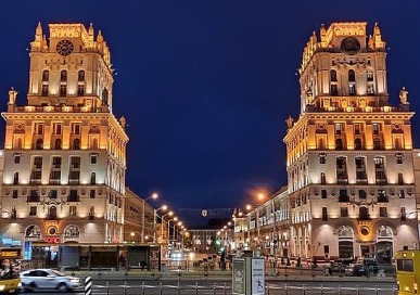 Buildings lit up at night