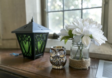 Dorm Decor including a lantern, owl, and flowers