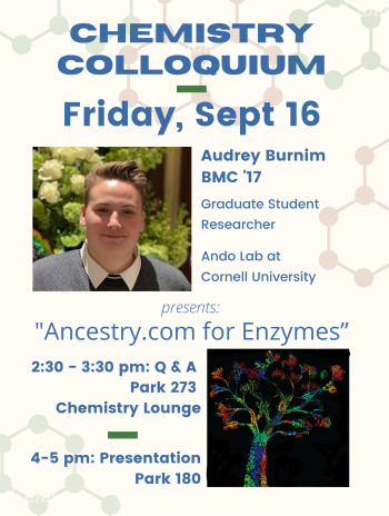 Picture of Audrey Burnim and a colorful tree graphic representing their talk entitled "Ancestry.com for Enzymes"