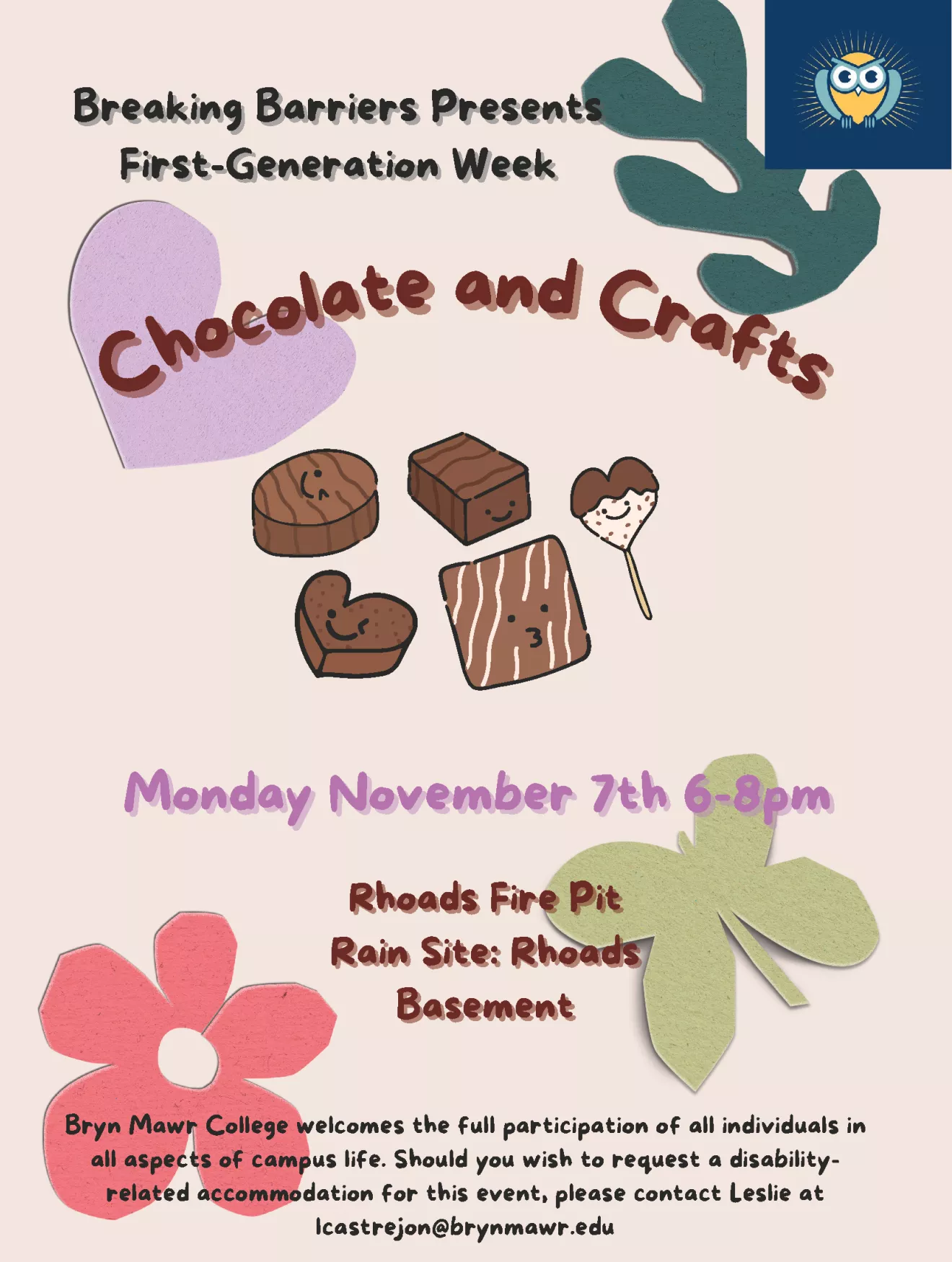 Chocolate and Crafts on Monday Nov. 7th 6-8pm at Rhoads Fire Pit (Rain Site: Rhoads Basement)