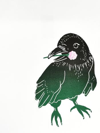 Illustration of a crow holding a clover flower in its mouth. Printed on a RISO printer.