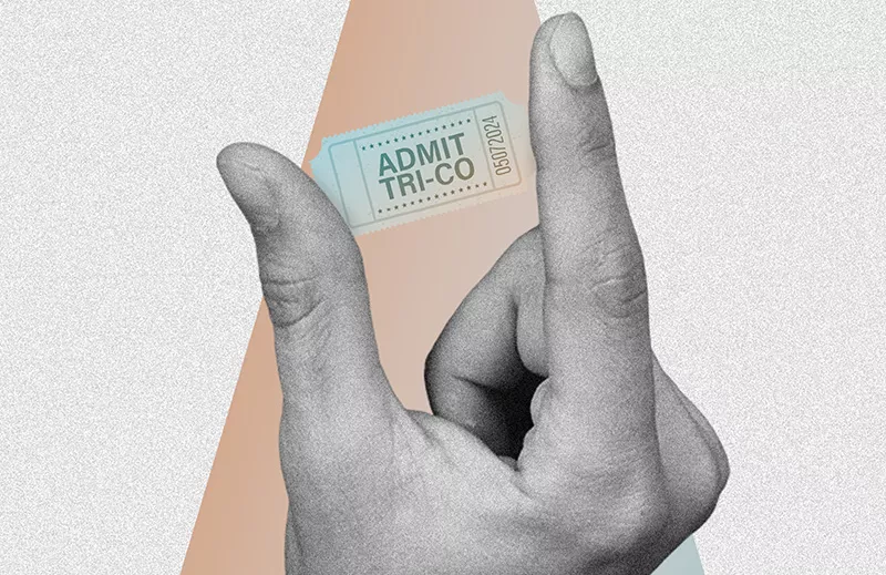 An image of a hand holding a ticket stub that reads "Admit Tri-Co" 