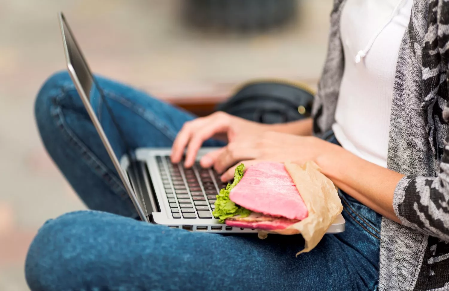 Laptop and lunch stock