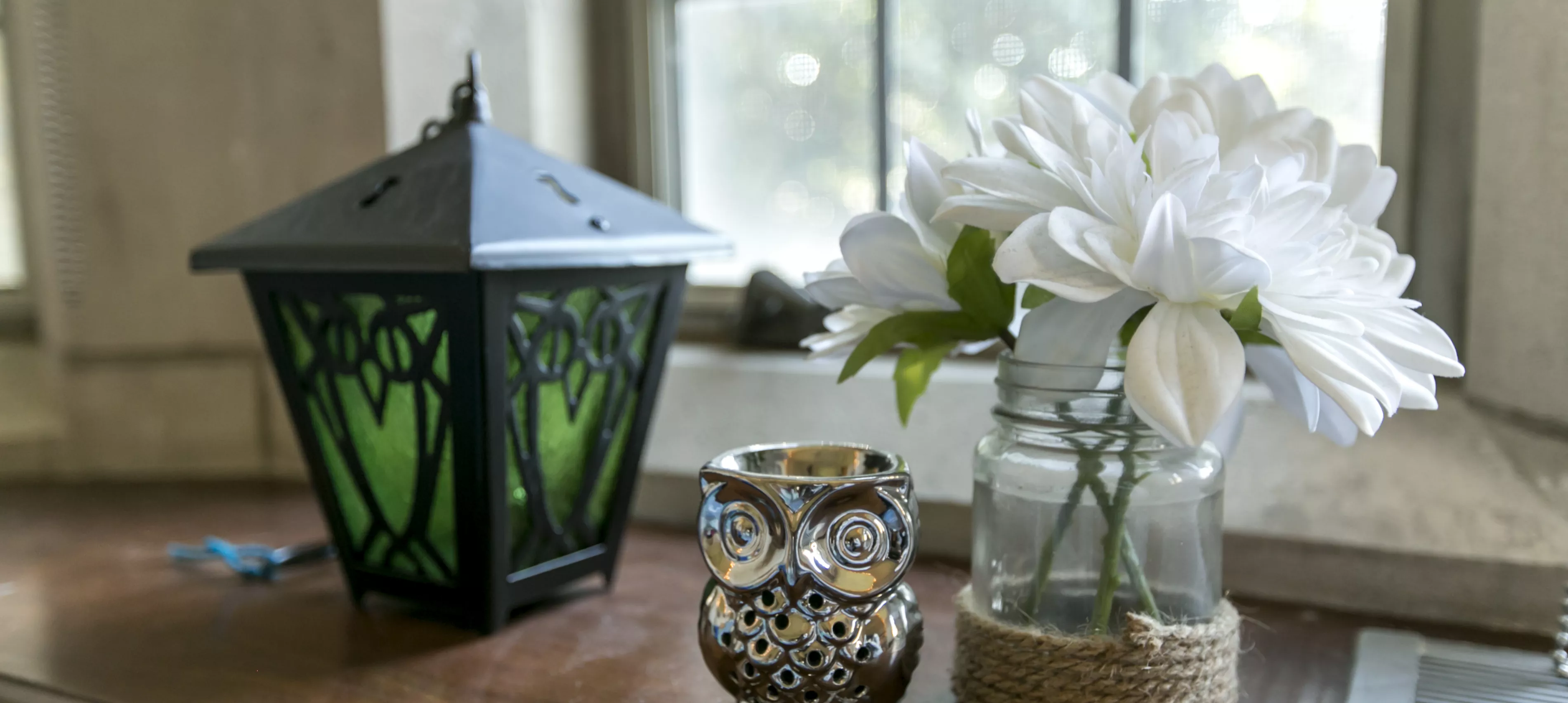 Green lantern and flowers on windowsill