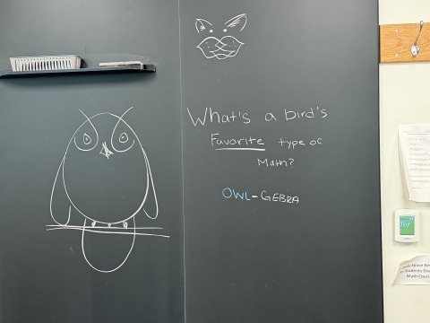 Owl and joke written on chalkboard: What's a bird's Favorite type of Math? OWL-GEBRA