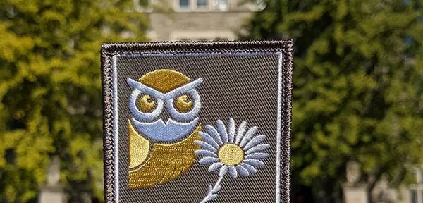 A hand holding an iron-on patch in front of Pem Arch. The patch is gray and features an owl, a daisy, and the words "#BMCGOLD."