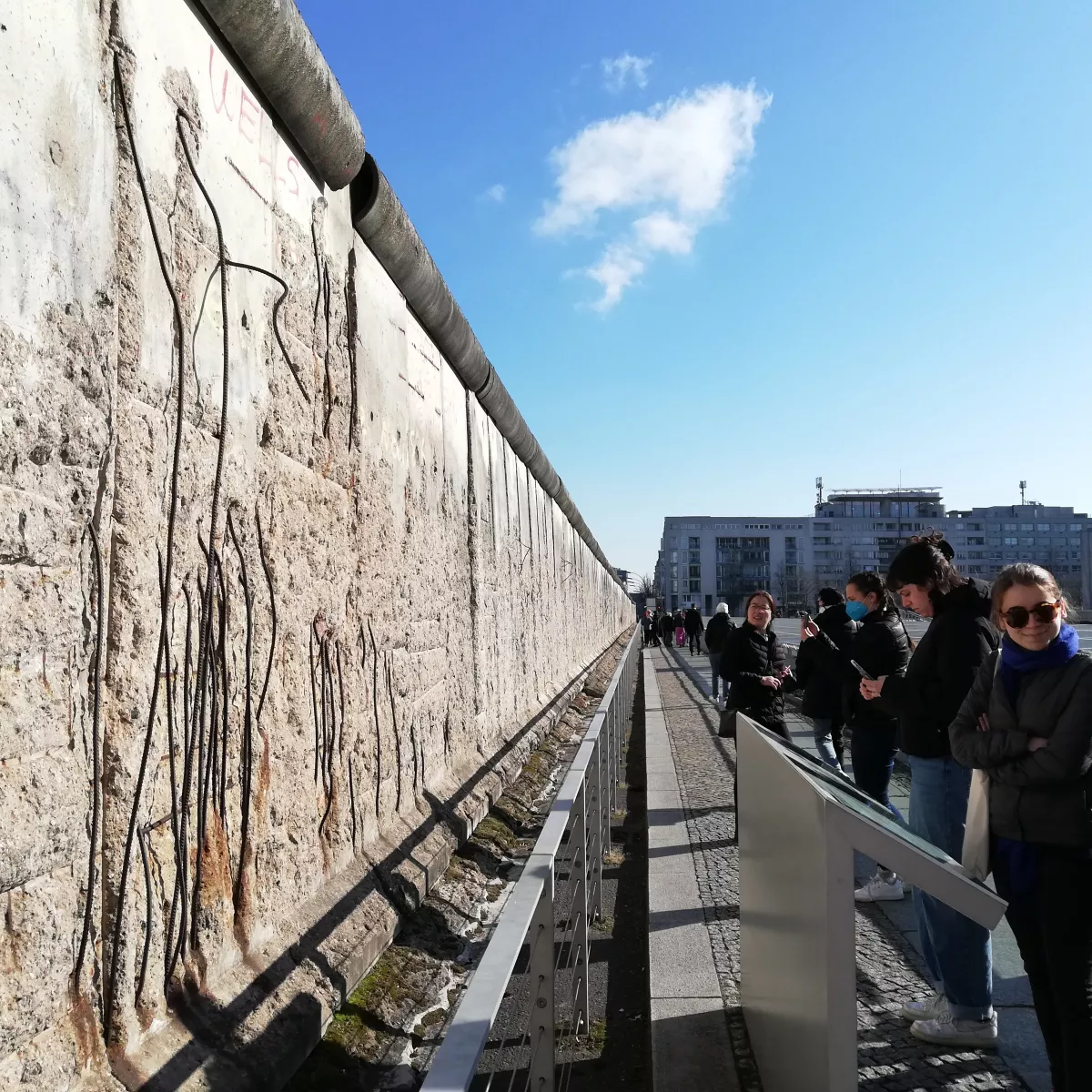 A stone wall with line drawings of figures on the left side of the frame; a row of 6 students and faculty on the right side of the frame observe and read a plaque about the art under a blue sky.