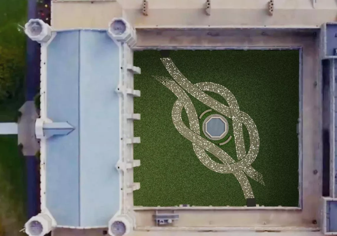 An aerial view of the Cloisters with a braided stone path