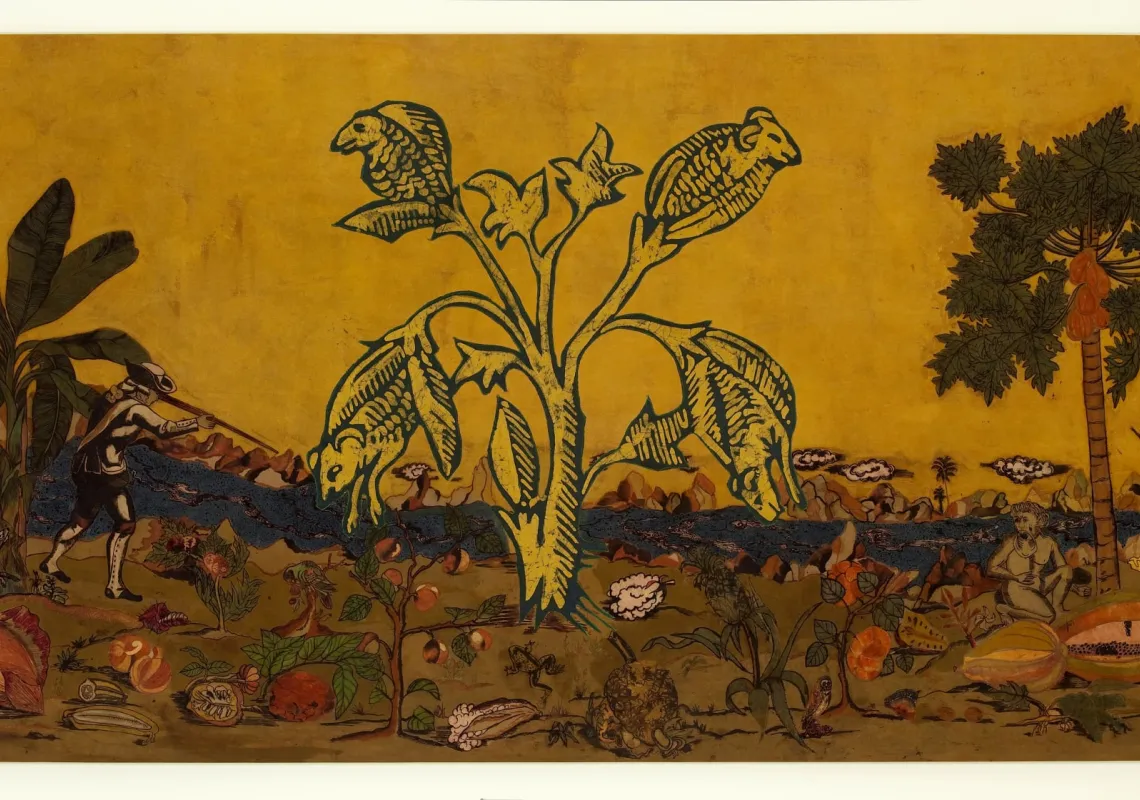 Lavanya Mani, Signs Taken for Wonders, 2009, Natural dyes, applique, batik and machine embroidery on cotton fabric, 182.9 x 354.4. cm, Gallery Chemould Prescott Road © Lavanya Mani