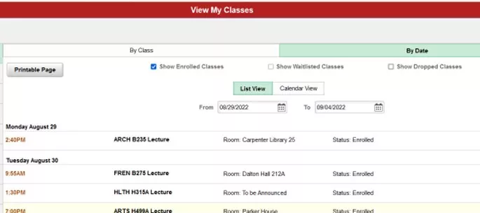 view classes by date