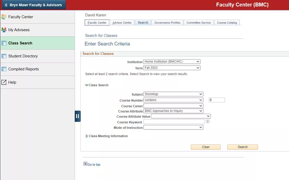 Faculty Class Search Attribute