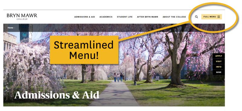 This screenshot of the brynmawr.edu website shows where the full menu is located - in the upper right corner of the screen.