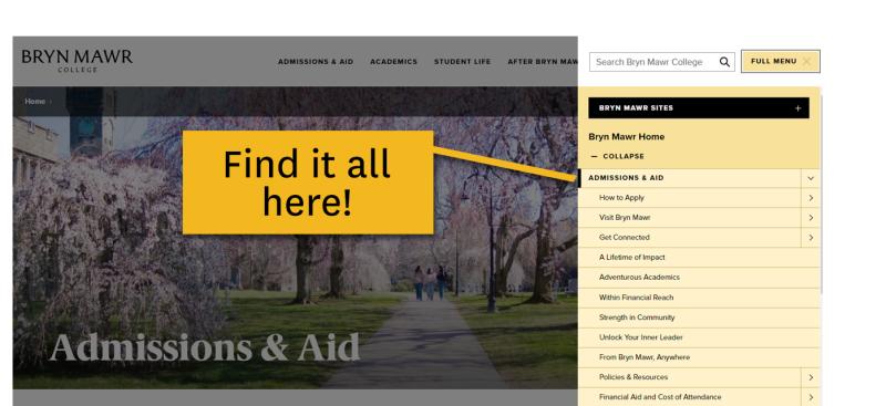 This screenshot of the brynmawr.edu website shows that when you click on the new Full Menu button, a menu pops up over the content, allowing you to browse and click on other pages in the site.
