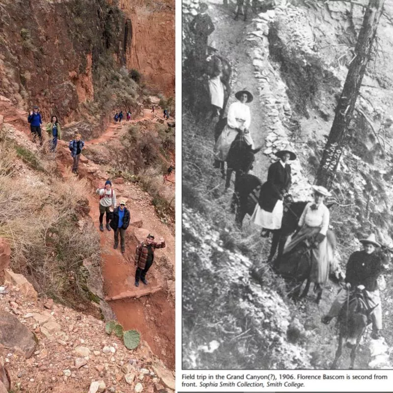 Left to Right: Geology students' recreated photo (left) of Florence Bascom with students in the Grand Canyon, 1906 (right).