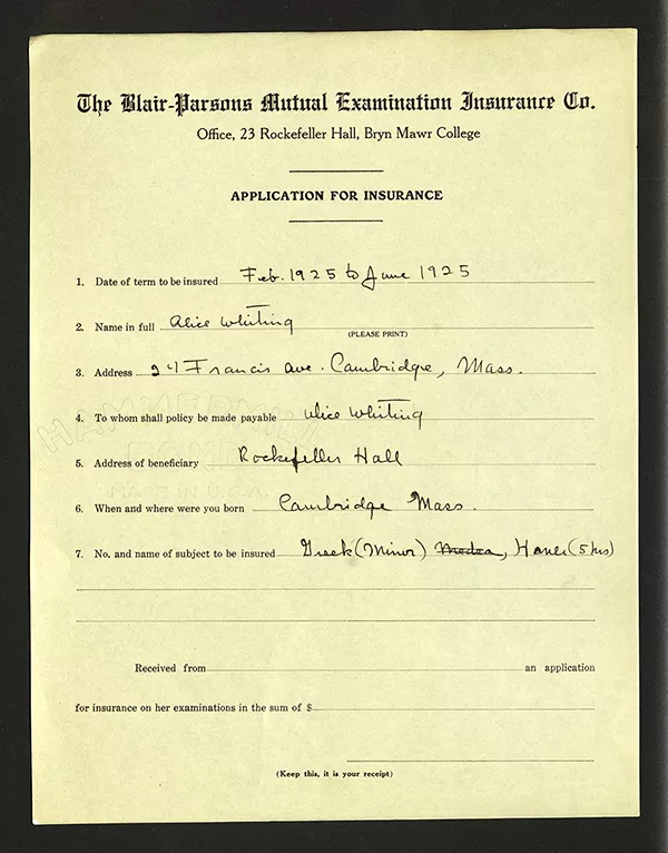 Item from Louise Heron Blair’s time at Bryn Mawr showed she had a sense of humor—including a made-up insurance company that allowed students to “insure” their performance on exams, and “The Idea of a College,” a tongue-in-cheek rewriting of Bryn Mawr social life as a caste system based on seniority.