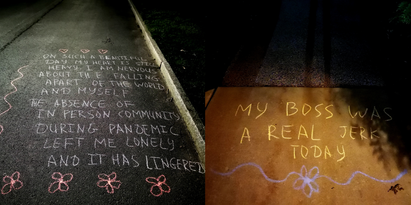 Two images of chalk text on ground