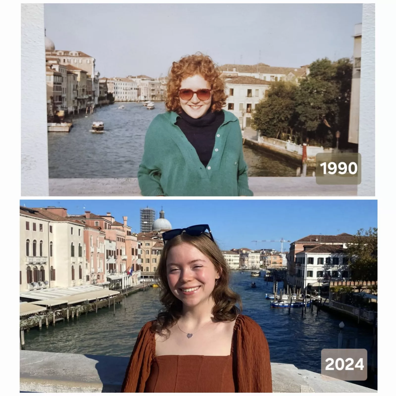 Photos from 1990 and 2024 showing Catie and her mother posing in the same spot, 34 years apart