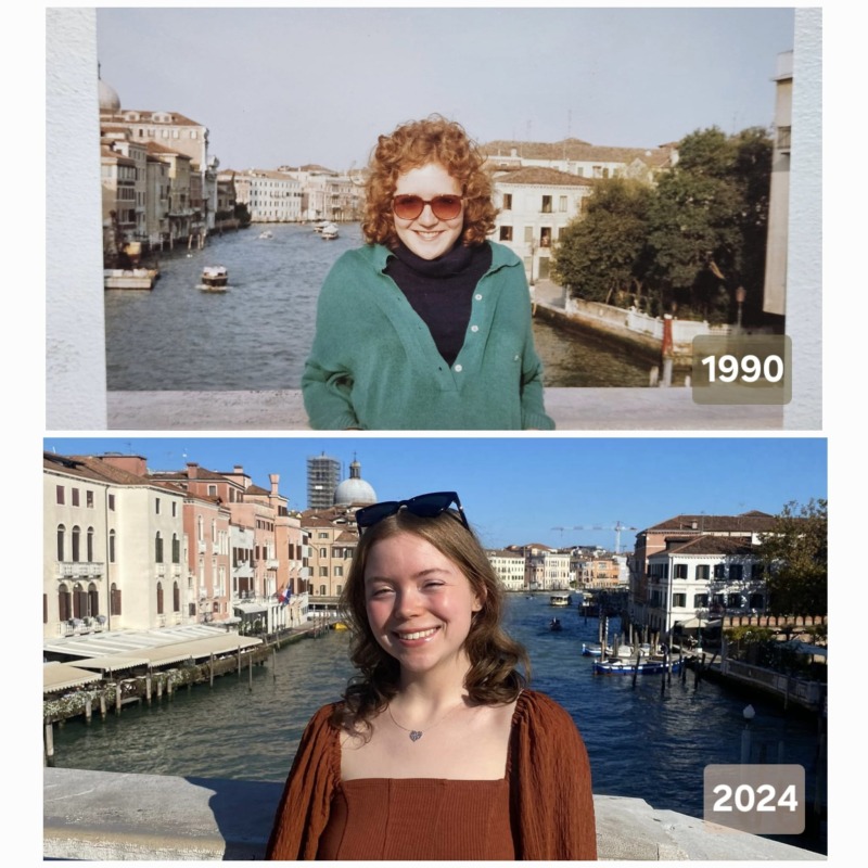 Photos from 1990 and 2024 showing Catie and her mother posing in the same spot, 34 years apart