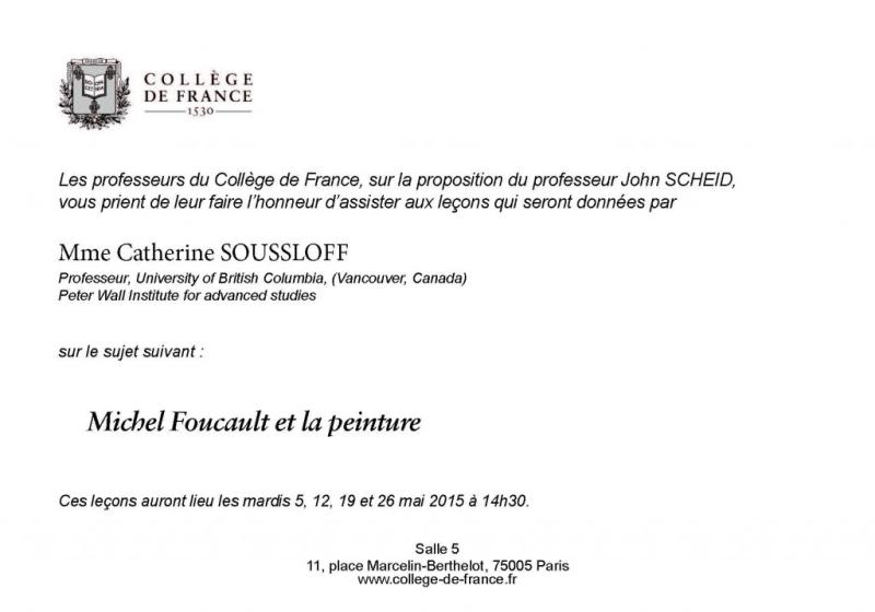 College de France event flyer for Soussloff's lectures on May 5, 12, 19 and 26, 2015.